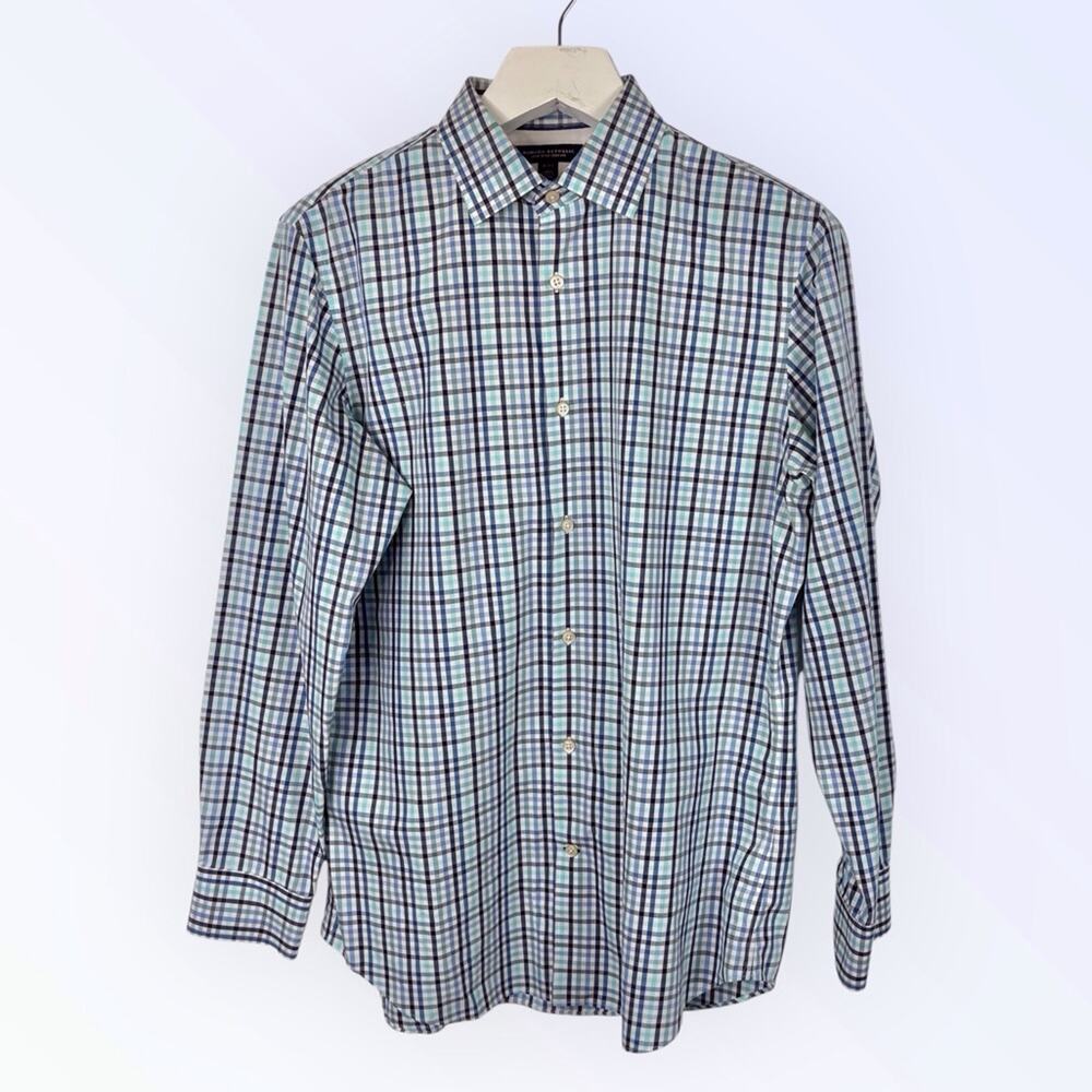 Banana Republic Blue & White Plaid Shirt Cotton Non Iron Slim Fit 16 -16 1/2